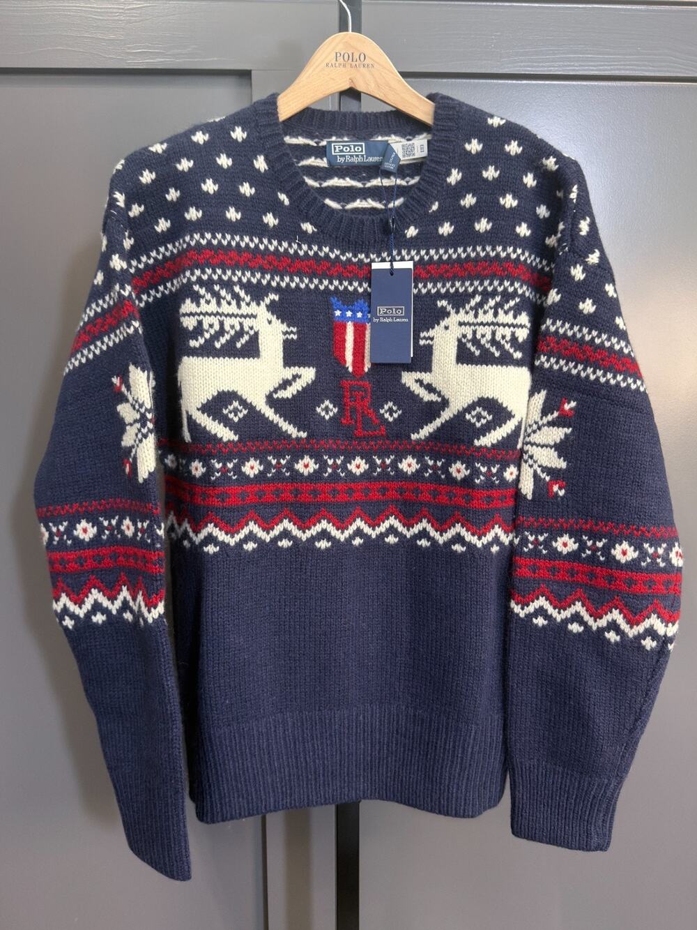 Polo Ralph Lauren Reindeer Snowflake Sweater Navy Red White Size M NWT